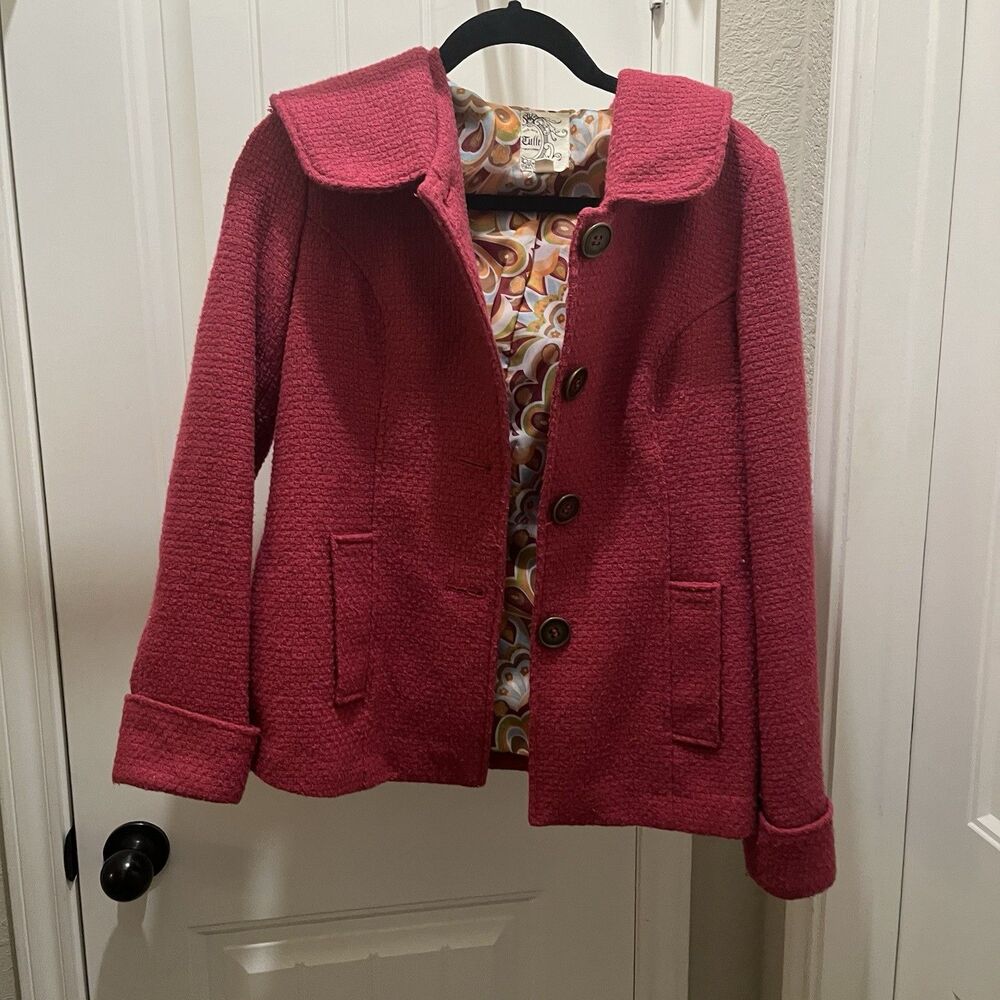 Tulle Pink Textured Wool Blend Peacoat Jacket Retro Mod Button Front Womens Sz S